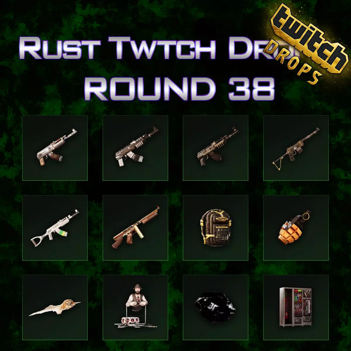 Rust Twitch Drops Rounds 35,36,37,37,38,39 total of 60 Items/Skins