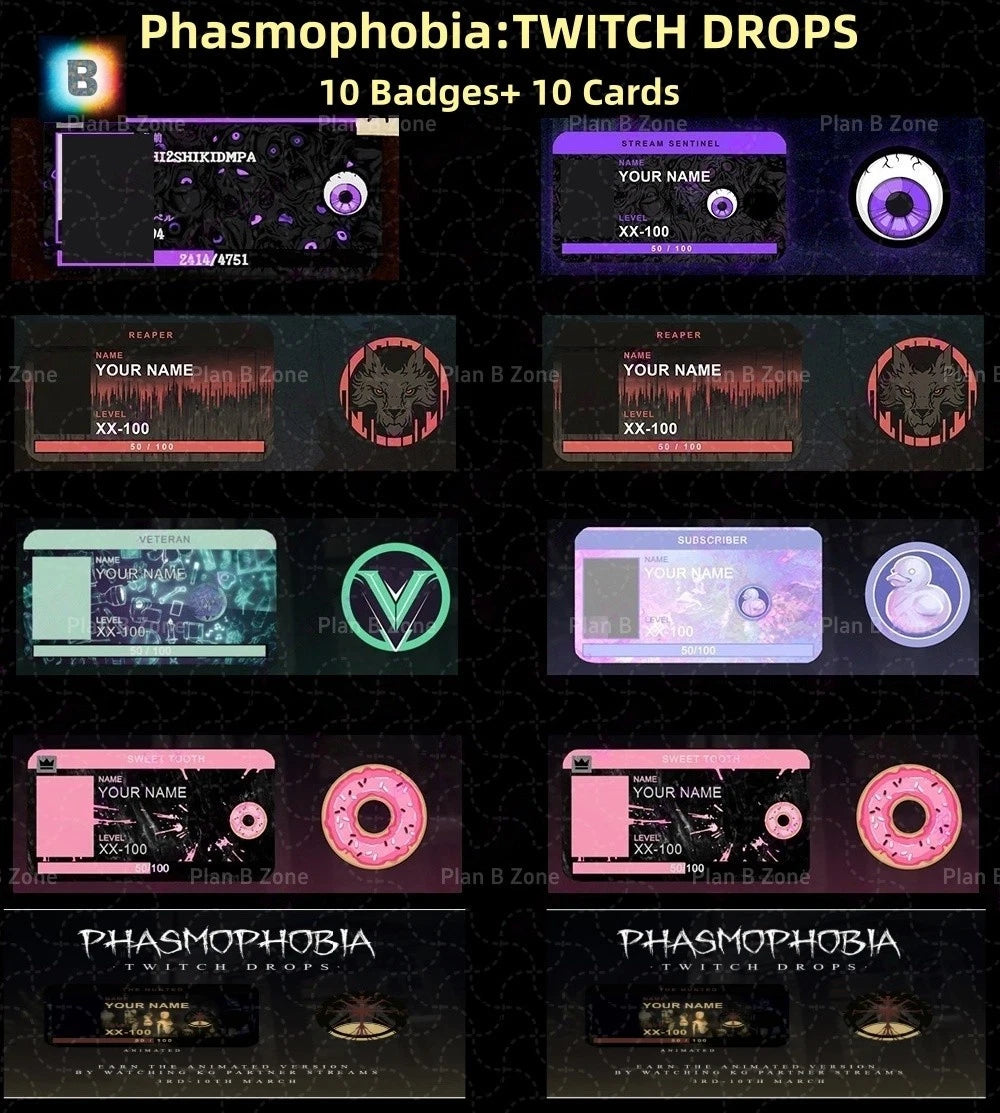 Akun Twitch Terisi Penuh-Phasmophobia: TWITCH DROPS: 10 Badge + 10 Kartu, Pengiriman Cepat. (Produk Digital)